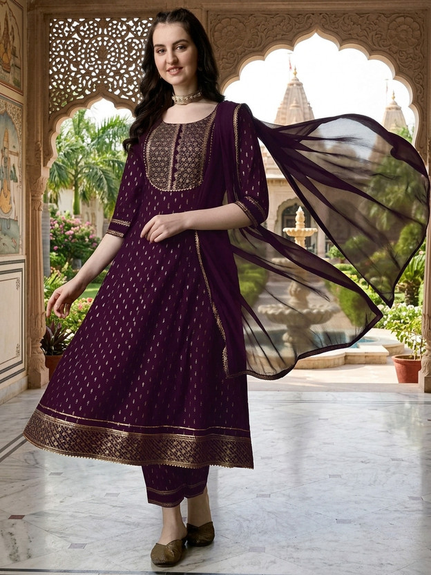 Queens Fab Embroidered Anarkali Kurta, Bottom & Dupatta Set