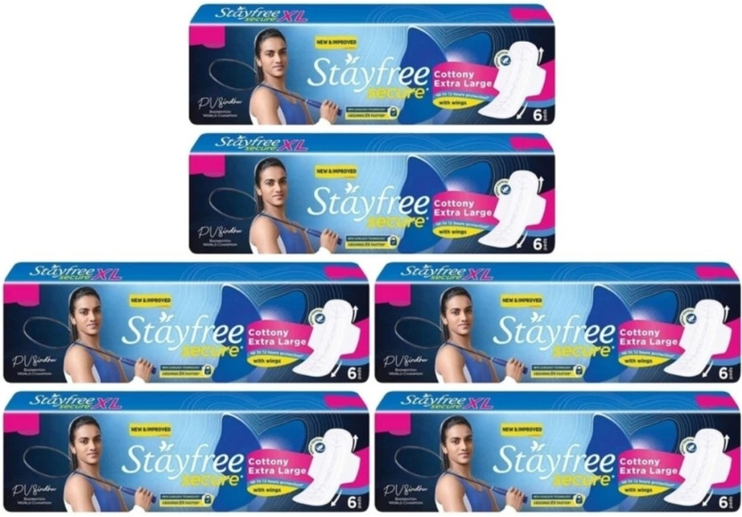 STAYFREE Secure Cottony Extra Large XL ( 6+6+6+6+6+6 pads ) pack Sanitary Pad(Pack of 6)