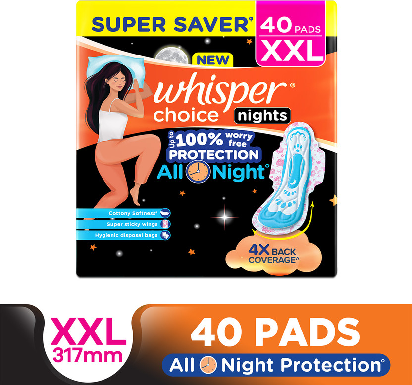 Whisper Choice Nights, 40 XXL Pads, with 4x Back Coverage^ Sanitary Pad(Pack of 40)