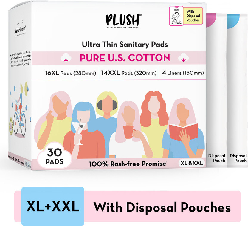PLUSH 100% Pure U.S Cotton with biodegrabdable disposable pouches,(16XL and 14XXL) Sanitary Pad(Pack of 30)
