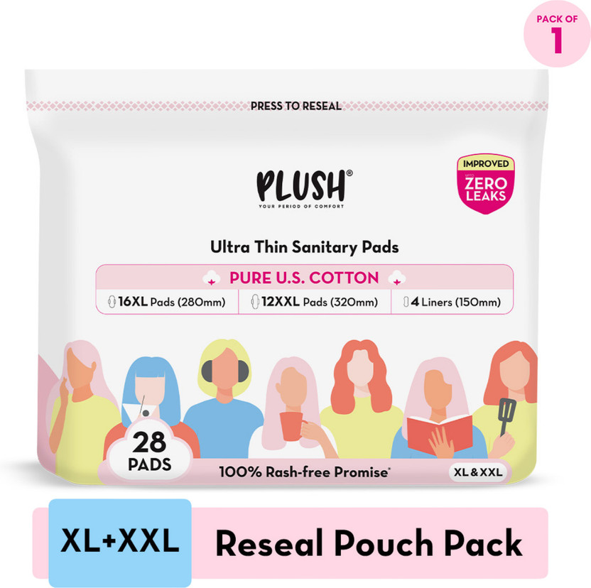 PLUSH 100% Pure U.S. Cotton Rash Free Resealable (12 XXL+ 16 XL+4 Liners) Sanitary Pad(Pack of 32)