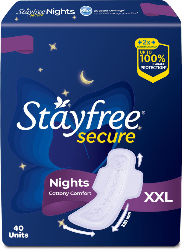 STAYFREE Secure Nights|Cottony Comfort|Upto 100% leakage protection|Odour Control Sanitary Pad(Pack of 40)
