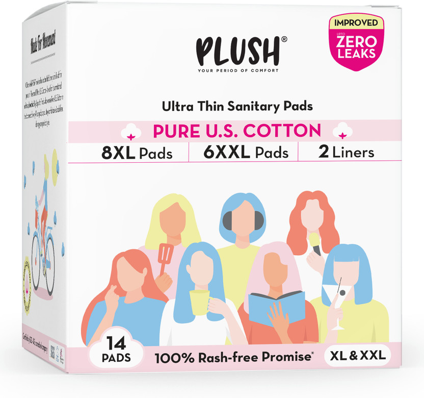 PLUSH 100% Pure U.S. Cotton Rash Free, Heavy flow (8XL + 6XXL+ 2 Liners) Sanitary Pad(Pack of 14)