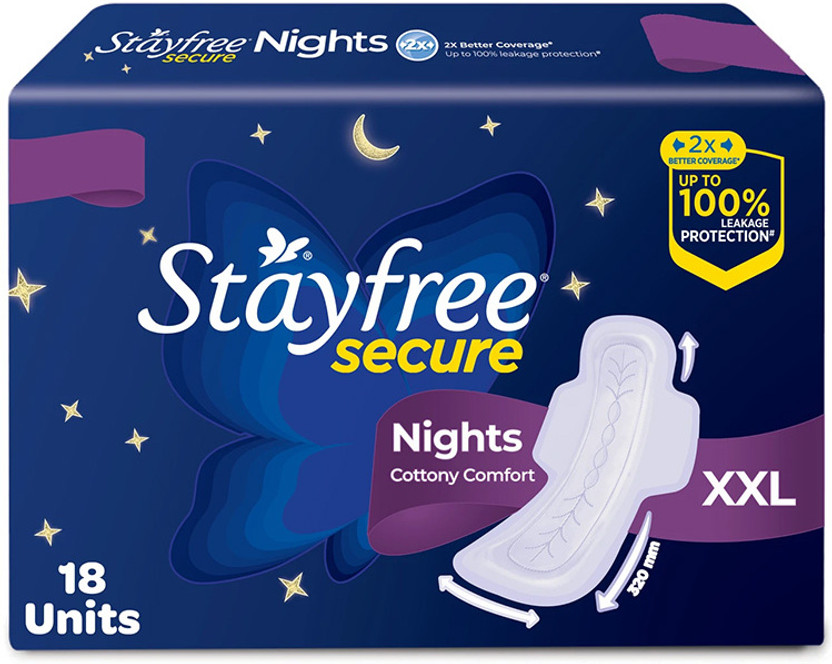 STAYFREE STAYFREE Secure Nights|Cottony Comfort|Upto 100% leakage protection|Odour Control Sanitary Pad(Pack of 18) - Flipkart Deal