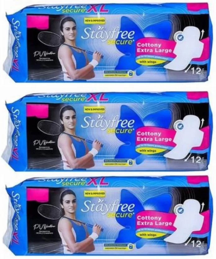 STAYFREE Secure Cottony Extra Large XL (12+12+12 pads ) Sanitary Pad(Pack of 3)