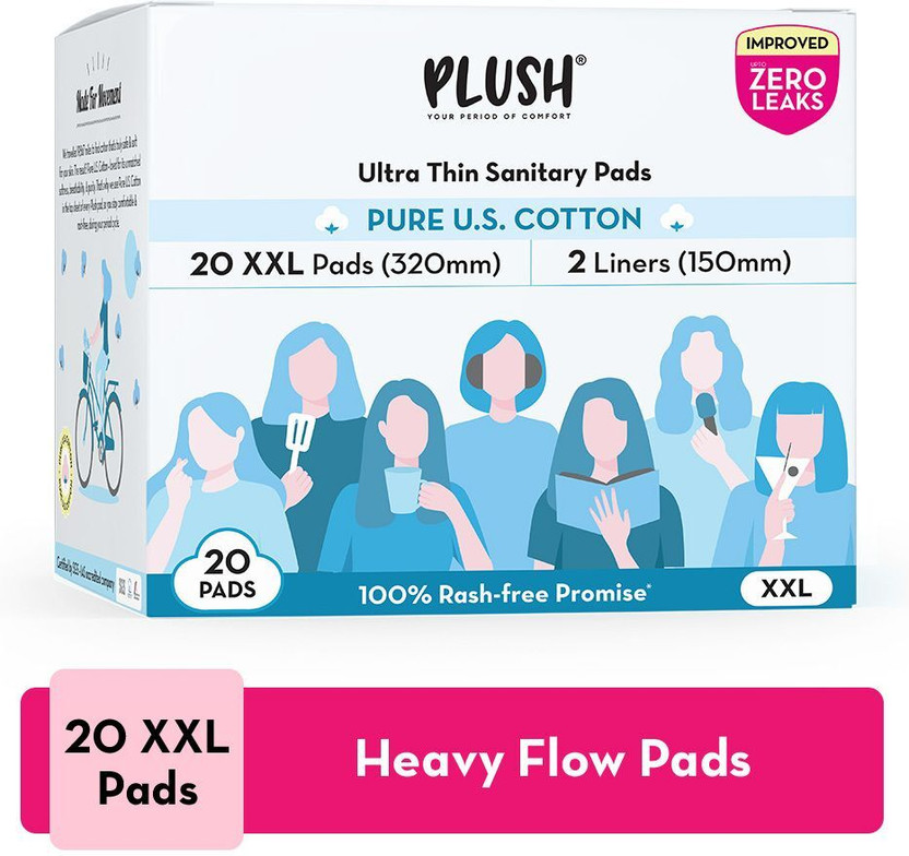 PLUSH 100% Pure U.S. Cotton Rash Free XXL (20 XXL pads + 4 Liners) Sanitary Pad(Pack of 20)