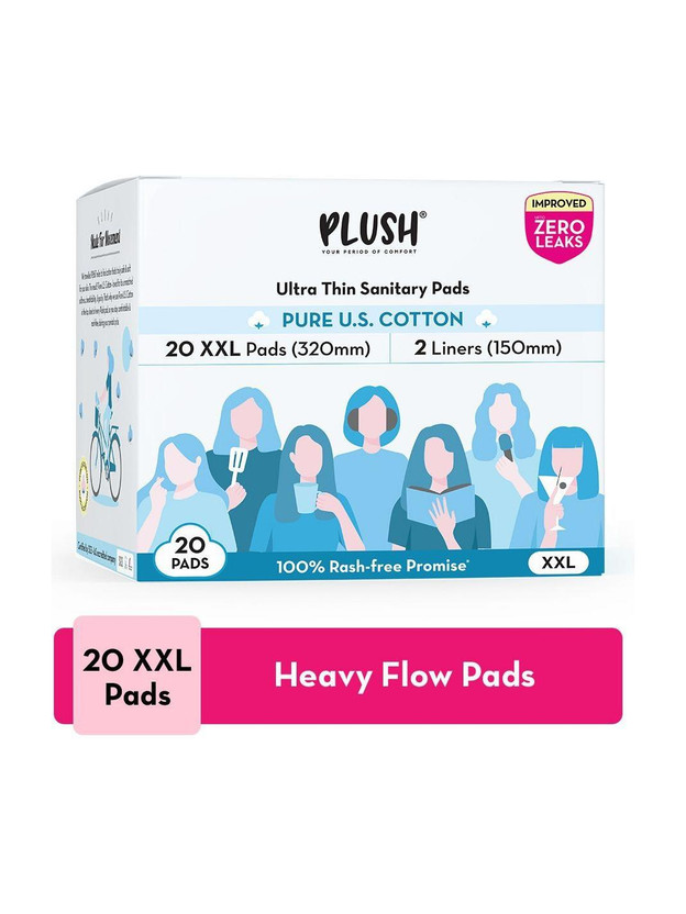 PLUSH 100% Pure U.S. Cotton Rash Free XXL (20 XXL pads + 4 Liners) Sanitary Pad(Pack of 20)