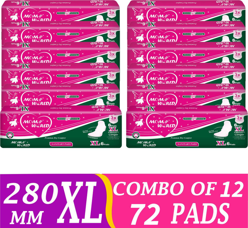 Moms World Sanitary Pads For Women XL 280 MM | Soft & Rash Free | Quick Absorption|(72 PCS) Sanitary Pad(Pack of 72)