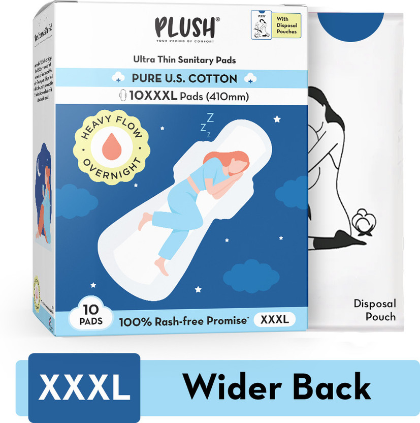 PLUSH XXXL U.S.Cotton Sanitary pads with individual biodegradable pouches- 410mm Sanitary Pad(Pack of 10)