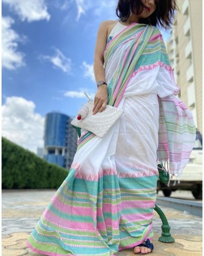Sujay Handloom Woven Bollywood Cotton Blend Saree(White)