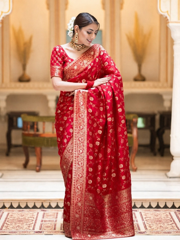 TODAY DEAL Woven Bollywood Jacquard Saree(Red)