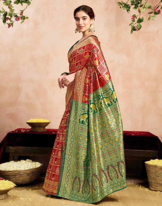 PRANJAL ART Printed, Self Design, Color Block, Digital Print, Embellished, Graphic Print, Floral Print Banarasi Jacquard, Art Silk Saree(Red)