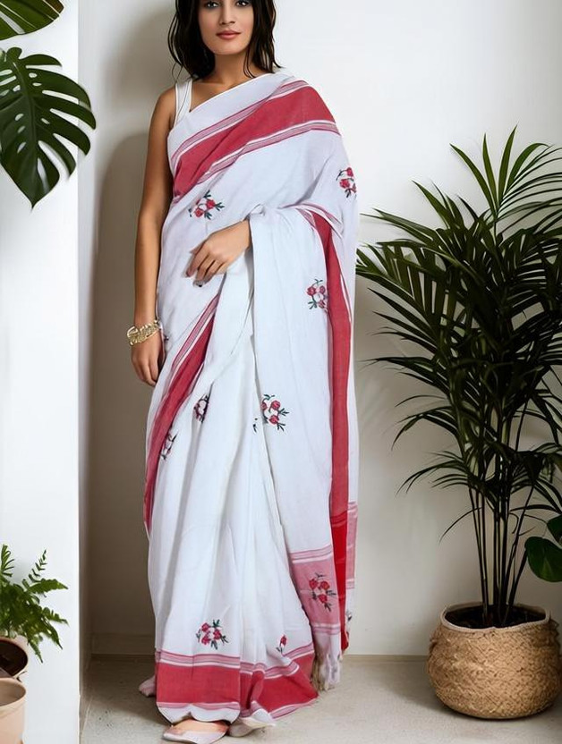 ADIVASI SHOP Embroidered Handloom Cotton Blend Saree(White, Red)
