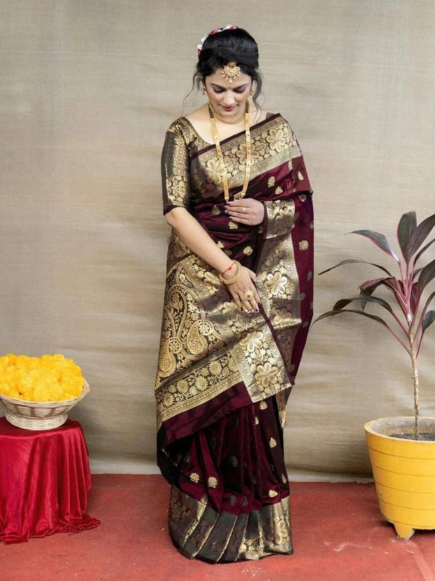 ORIFAB Woven Banarasi Art Silk, Silk Blend Saree(Maroon)