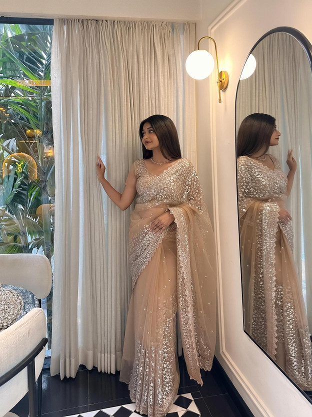 KRISHNACOLLECTION9 Embroidered, Embellished, Self Design Bollywood Net Saree(Cream)