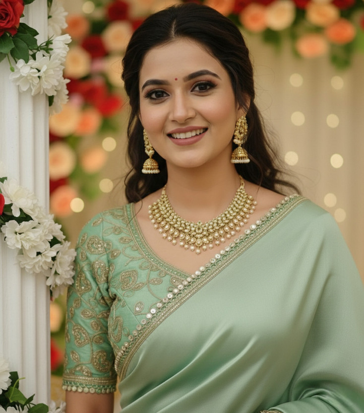 PD CLOTH VILLA Embroidered Bollywood Satin, Silk Blend Saree(Light Green)