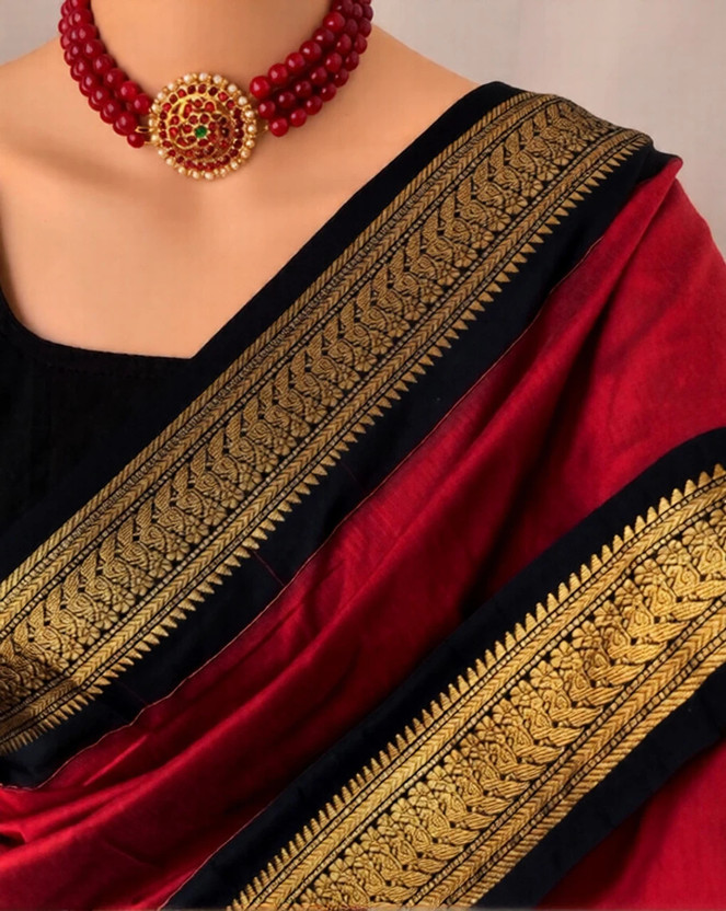 Validatextiles Woven Maheshwari Cotton Silk Saree(Red)