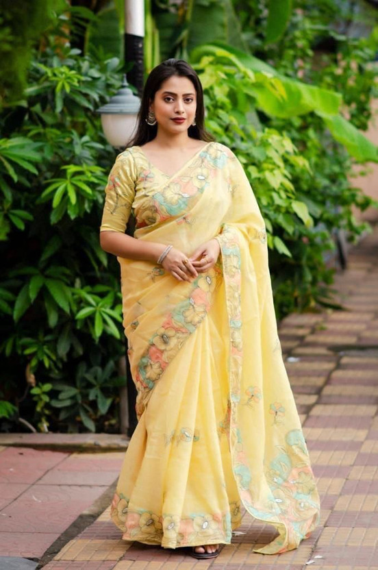 JK JK ETHNIC WEAR Floral Print, Printed Daily Wear Cotton Linen Saree(Yellow) - Flipkart Deal