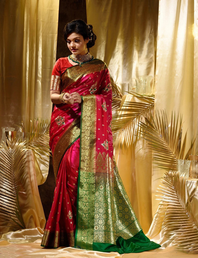 Abhilipsa Embroidered Banarasi Satin Saree(Pink, Green)