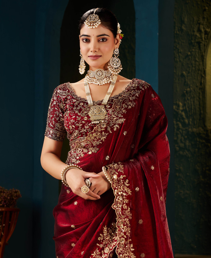Vivan Fab Embroidered Bollywood Jimmy Jimmy, Satin Saree(Maroon)