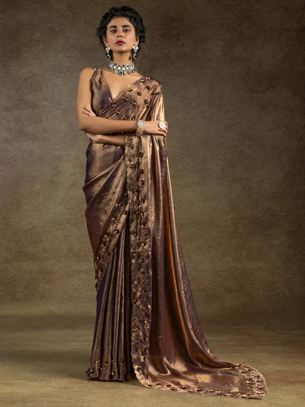 Sareemall Embellished Bollywood Satin Saree(Gold)
