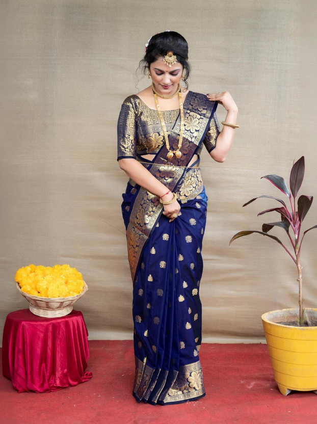 GajGajra Woven Kanjivaram Silk Blend Saree(Dark Blue)