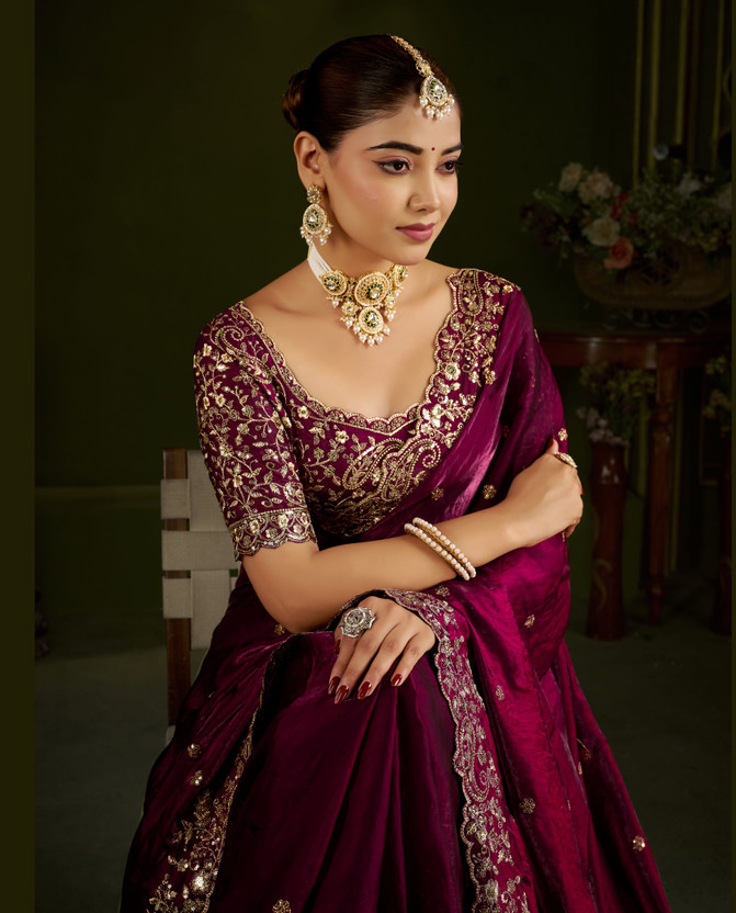 Nxika Embroidered Bollywood Organza, Jimmy Jimmy Saree(Magenta)