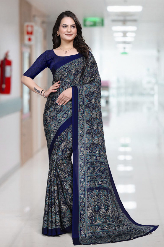 K 5 FASHION Printed Daily Wear Crepe Saree(Dark Blue, Dark Green)