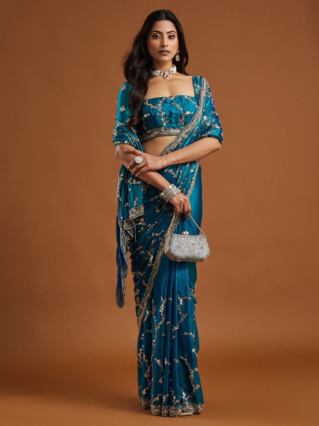 KASEE Embroidered Bollywood Silk Blend Saree(Blue)