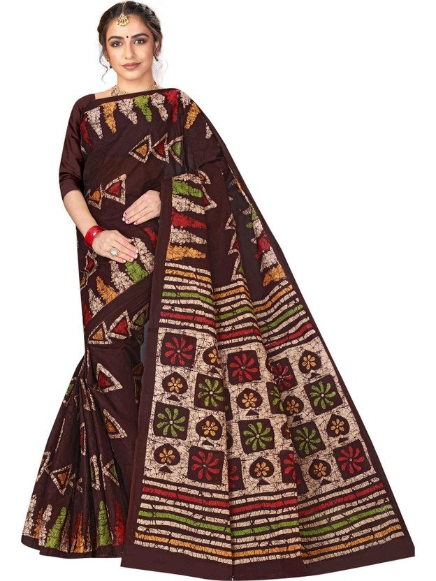 TAMAIRA FASHION Printed Hand Batik Pure Cotton Saree(Brown)
