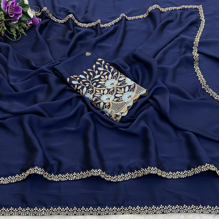 V AMAN FASHION Embroidered, Solid/Plain Bollywood Silk Blend Saree(Dark Blue)