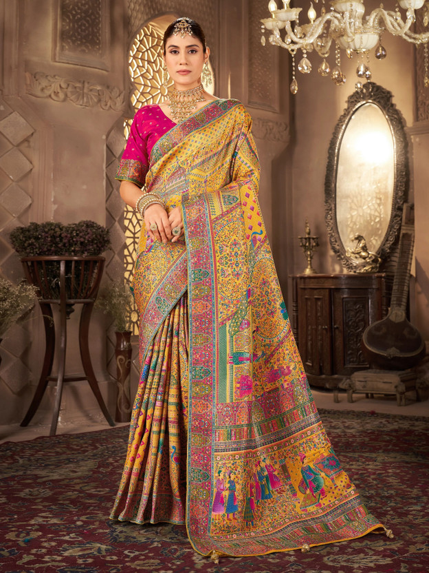 Sariya Woven, Digital Print Madhubani Pure Silk, Jacquard Saree(Multicolor)