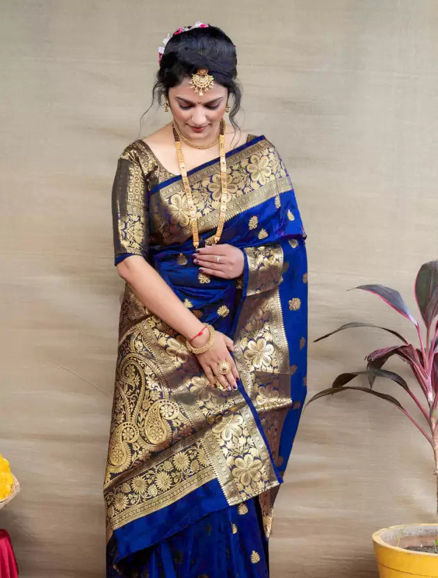 SareeChic Woven Kanjivaram Pure Silk Saree(Blue, Gold)