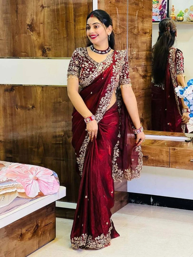 KRISHNACOLLECTION9 Embroidered, Embellished, Floral Print Bollywood Jimmy Jimmy Saree(Maroon)