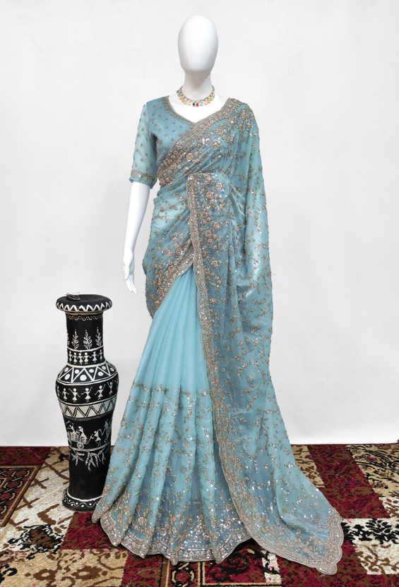 GEZREL Embroidered, Embellished Bollywood Organza Saree(Light Blue)