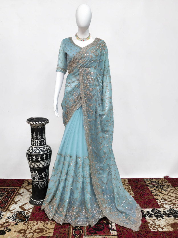 GEZREL Embroidered Bollywood Organza Saree(Light Blue)