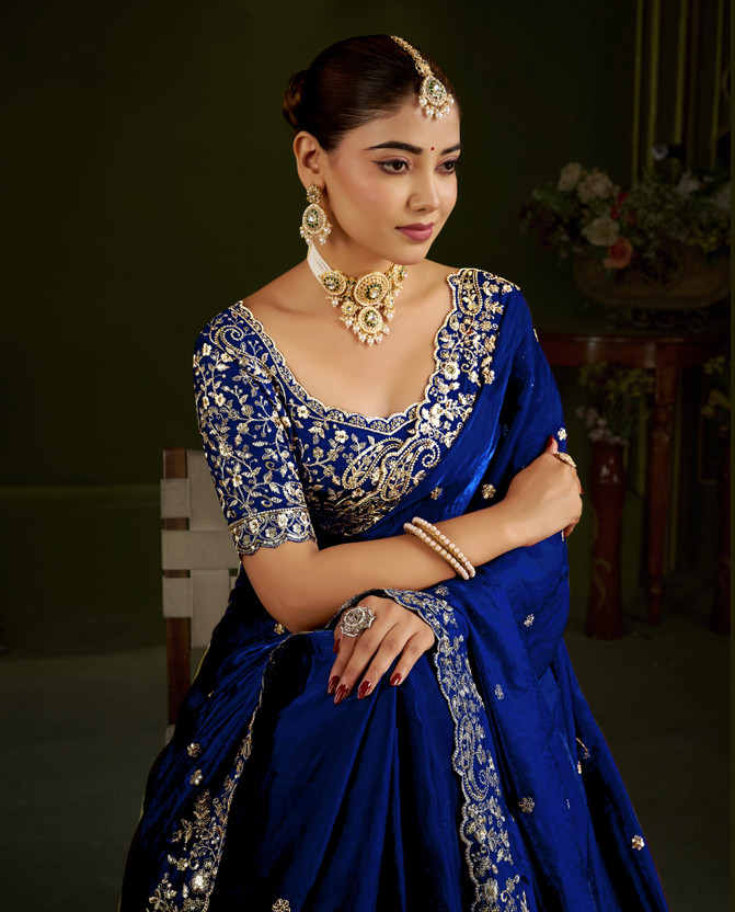 QVIDYA Embroidered, Embellished Bollywood Jimmy Jimmy, Organza Saree(Blue)