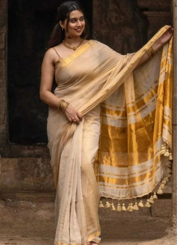 Abharani Saree Kuthir Woven, Solid/Plain Kasavu Tissue Saree(Gold)