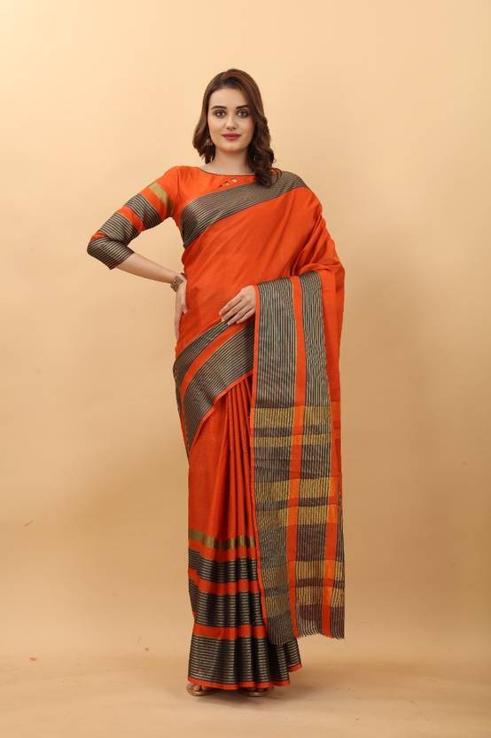ASHVMEGH Self Design Daily Wear Cotton Linen Saree  (Orange)
