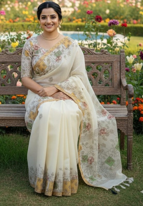 Quexle Striped Handloom Cotton Blend Saree(White)