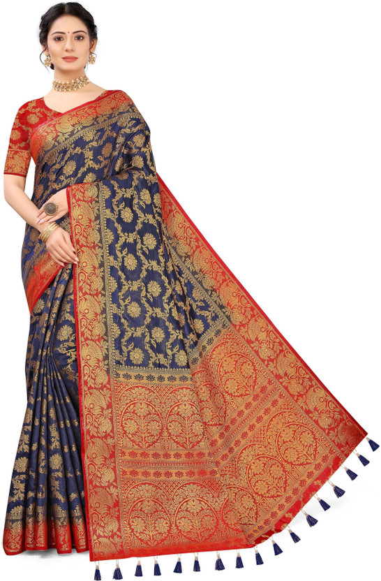 COSBILA FASHION Woven Banarasi Cotton Silk Saree(Red, Blue)