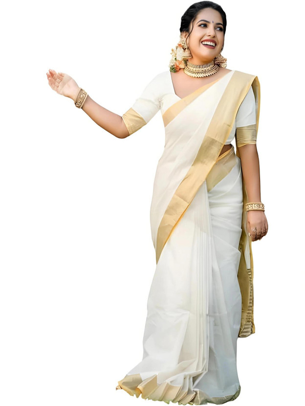 KHODIYAR TRENDZ Solid/Plain, Striped Mundum Neriyathum Cotton Blend Saree(White)