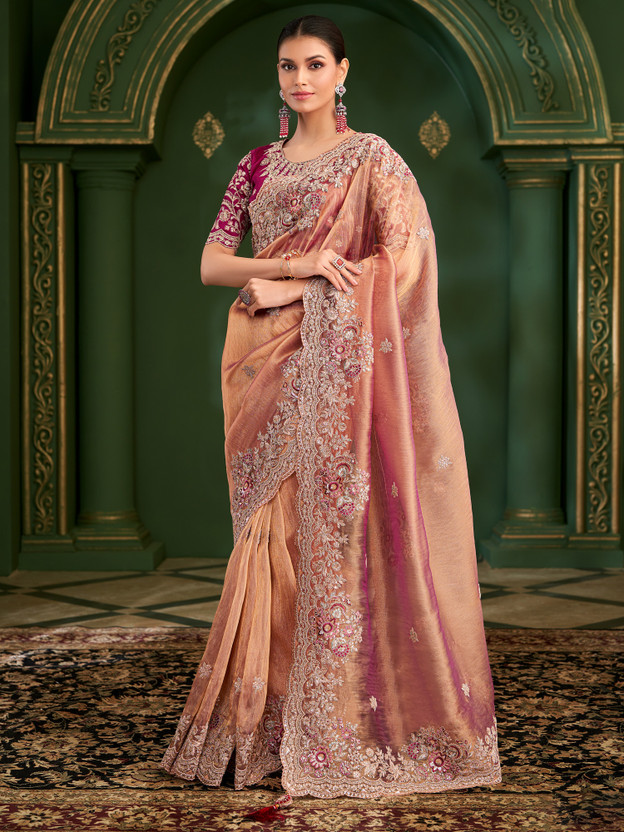 House of Pataudi Embroidered, Floral Print, Self Design Bollywood Tissue Saree(Pink)