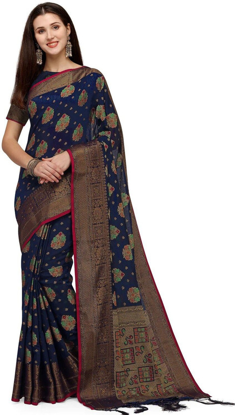M.S.RETAIL Woven Handloom Pure Cotton, Cotton Silk Saree(Dark Blue)