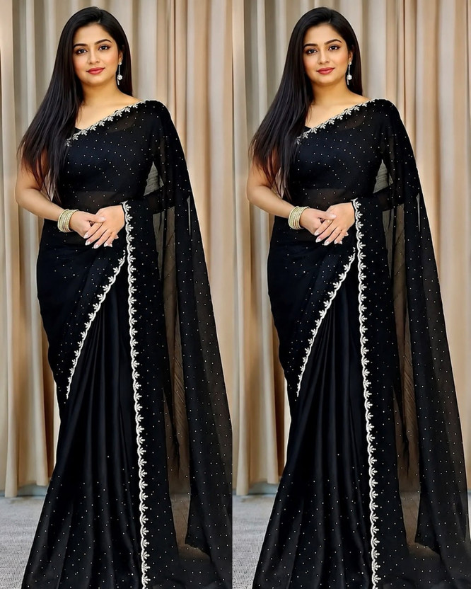 TOO SHINE Embellished, Digital Print, Floral Print Mysore Silk Blend Saree(Black)