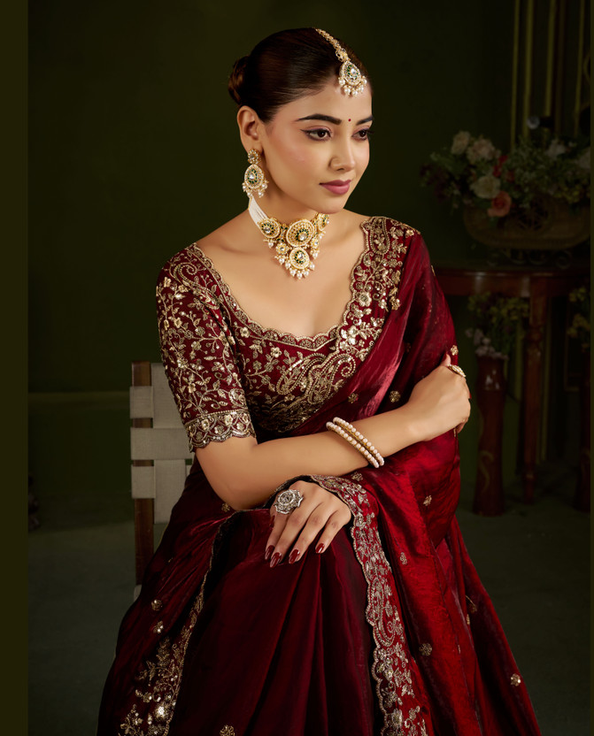 QVIDYA QVIDYA Embroidered, Embellished Bollywood Jimmy Jimmy, Organza Saree(Maroon) - Flipkart Deal