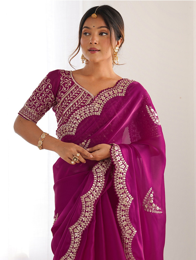 Samah Embroidered, Embellished Bollywood Organza, Silk Blend Saree(Pink)