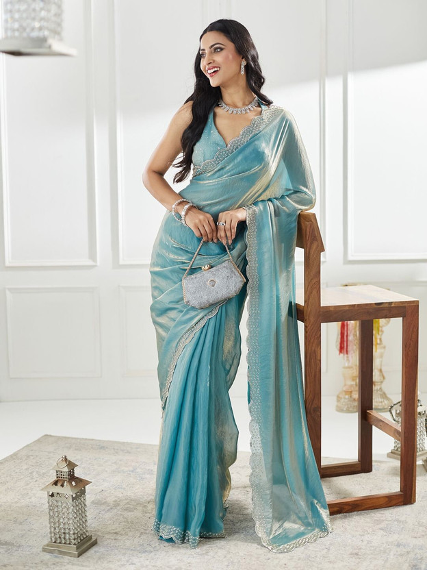 M.S.RETAIL M.S.RETAIL Solid/Plain Bollywood Satin Saree(Light Blue) - Flipkart Deal