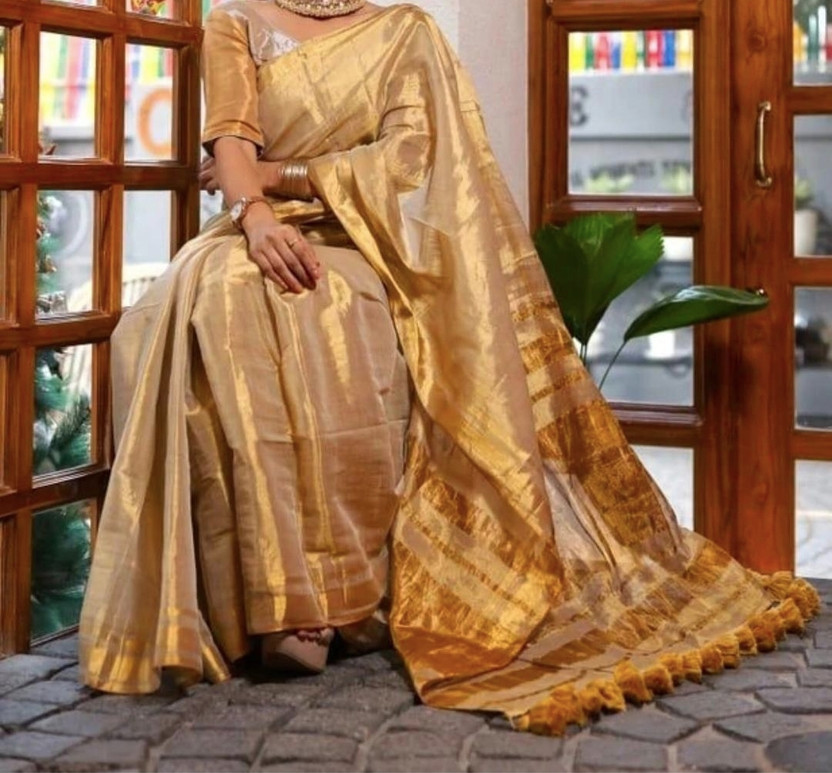 ABC Woven, Striped Kasavu Tissue Saree(Gold)