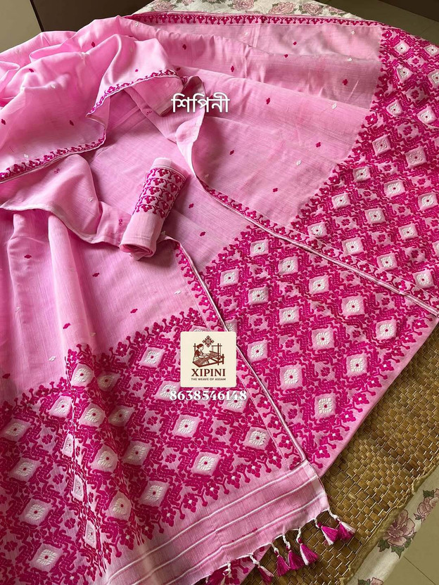 GARBGURUU Woven Mekhela Chador Pure Cotton Saree(Pink)